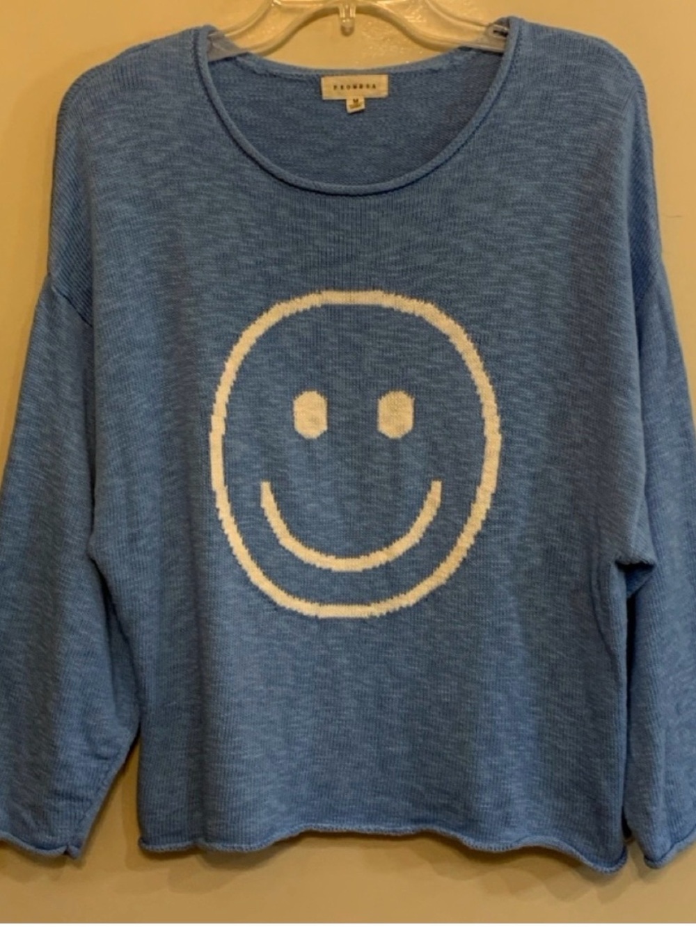 89. PROMESA | Smiley Face Knit Sweater in Light Blue | M